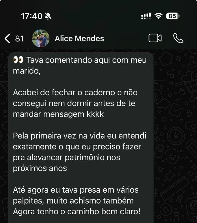 Depoimento de Alice Mendes pelo WhatsApp sobre o Código da Criação do Dinheiro