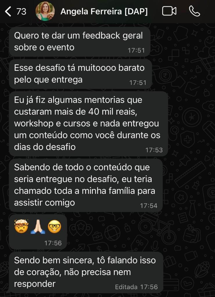 Depoimento de Angela Ferreira pelo WhatsApp sobre o Código da Criação do Dinheiro