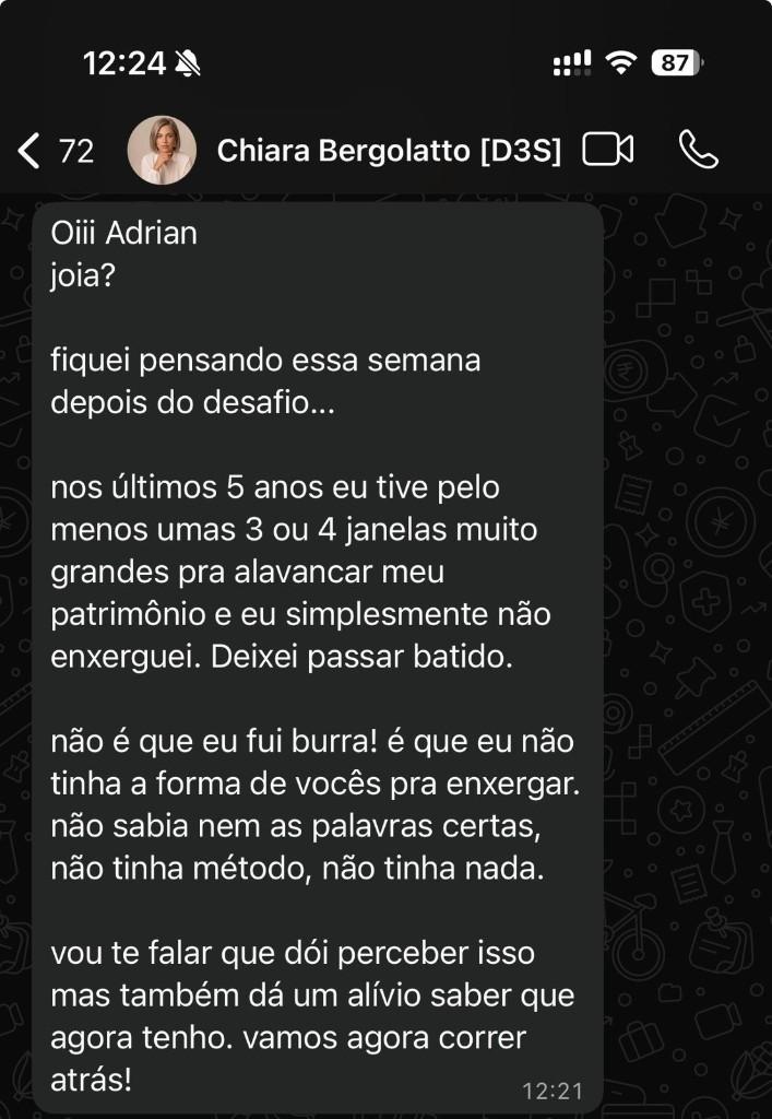 Depoimento de Chiara Bergolatto pelo WhatsApp sobre o Código da Criação do Dinheiro